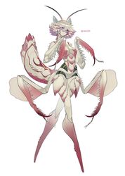  antennae arthropod_girl arthropod_limbs carapace claws colored_sclera colored_skin extra_arms facial_mark female full_body highres mantis_girl monster_girl multicolored_skin no_feet orchid_mantis original pink_eyes pink_hair purple_sclera ruteko_(ruko220) short_hair solo white_background white_hair 