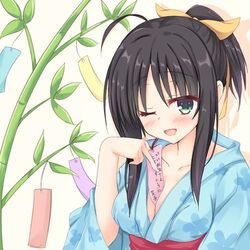  :d ahoge alternate_costume alternate_hairstyle bamboo between_breasts black_hair blue_kimono blush breasts cleavage collarbone eyelashes eyes_visible_through_hair female floral_print green_eyes hair_between_eyes hair_ribbon hand_up hitachi_mako holding_tanzaku igarashi_kenji japanese_clothes kimono large_breasts long_sleeves looking_at_viewer lowres one_eye_closed open_mouth ponytail print_kimono red_sash ribbon sash senren_banka short_hair_with_long_locks sidelocks simple_background smile solo straight_hair tanabata translated upper_body wide_sleeves yellow_background yellow_ribbon yukata 