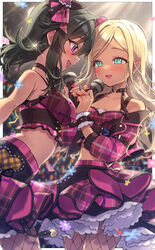  2girls absurdres blonde_hair blush collarbone crop_top dark-skinned_female dark_skin eye_contact facing_another fingernails fishnet_pantyhose fishnets glowstick green_hair highres holding holding_microphone idol idolmaster idolmaster_cinderella_girls jacket layla_(idolmaster) looking_at_another microphone multiple_girls nail_polish natalia_(idolmaster) pantyhose pink_jacket pink_skirt plaid plaid_jacket skirt smile trente wrist_cuffs 