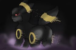  3:2 all_fours ass black_body black_fur darknetic digital_media_(artwork) eeveelution female feral fog fur fur_markings generation_2_pokemon glowing glowing_eyes hi_res markings nintendo pokemon pokemon_(species) raised_tail rear_view red_eyes simple_background solo tail umbreon yellow_body yellow_fur 