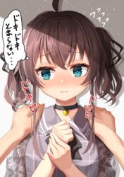  1boy absurdres ahoge black_choker black_ribbon blue_eyes blush brown_hair choker closed_mouth collared_shirt commentary_request female flying_sweatdrops grey_shirt hair_between_eyes hair_ribbon hands_on_another&#039;s_shoulders hands_up heartbeat highres hololive natsuiro_matsuri natsuiro_matsuri_(casual) nose_blush out_of_frame own_hands_together ribbon shirt solo_focus starkamisan translated twintails virtual_youtuber 