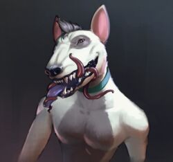  absurd_res anthro brown_eyes bull_terrier canid canine canis collar domestic_dog fur grey_body grey_fur hi_res hunting_dog lazlo_(lazlomirk) looking_at_viewer male mammal multicolored_body multicolored_fur napalm_express open_mouth solo teeth tentacle terrier tongue two_tone_body two_tone_fur white_body white_fur 