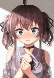  ^^^ absurdres ahoge black_choker black_ribbon blue_eyes blush brown_hair choker collared_shirt commentary_request female grey_shirt hair_between_eyes hair_ribbon hands_up heart highres hololive looking_at_viewer natsuiro_matsuri natsuiro_matsuri_(casual) nose_blush own_hands_together parted_lips ribbon shirt solo starkamisan twintails virtual_youtuber 