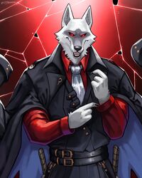  4:5 7theaven absurd_res anthro belt black_sclera canid canine canis claws clothing coat_cape death_(puss_in_boots) dreamworks fur hi_res male mammal necktie puss_in_boots_(dreamworks) red_clothing red_eyes red_shirt red_topwear shirt solo topwear white_body white_fur white_necktie wolf 