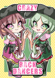  2girls absurdres back_bow black_background black_socks blush_stickers bow brown_hair chibi closed_mouth commentary_request diagonal_stripes dress english_text frilled_shirt_collar frilled_sleeves frills from_side full_body green_dress green_eyes green_footwear green_hair grey_bow hat heart highres interlocked_fingers kneehighs looking_at_viewer mahoro_(minase_mahoro) mary_janes multiple_girls nishida_satono open_mouth pink_dress pink_eyes pink_footwear puge shoes smile socks striped striped_background tate_eboshi teireida_mai touhou v-shaped_eyebrows yellow_background 