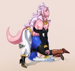  2girls android_18 android_21 ass baggy_pants blue_eyes blush boots breasts colored_skin commentary_request dragon_ball dragon_ball_fighterz dragon_ball_z earrings high_heels highres jewelry leg_grab legs_over_head majin_android_21 md5_mismatch multiple_girls painanddoodles pants pink_skin pinned pointy_ears skirt smile sweatdrop tail wrestling yuri 