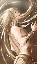  1boy absurdres bishounen brown_background brown_hair brown_tunic eyelashes fingernails floating_hair from_side gauntlets granblue_fantasy grey_eyes hair_between_eyes helel_ben_sahar_(granblue_fantasy) highres long_hair looking_up lucio_(granblue_fantasy) male_focus open_mouth solo teeth toned toned_male upper_teeth_only very_long_hair zuraa_(naunau_seijin) 