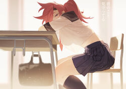  bag black_sailor_collar black_socks blue_eyes breasts chair classroom commentary female from_side hair_over_one_eye highres indoors kneehighs long_hair looking_at_viewer necktie original pleated_skirt ponytail red_hair red_necktie sailor_collar school_uniform see-through_silhouette serafuku shipl shirt short_sleeves sitting skirt socks solo table translated white_shirt 