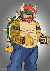  anthro arm_tattoo beard belly beverage bottomwear bowser clothed clothing coffee collar container cup daddy_mug digital_media_(artwork) english_text facial_hair hair hi_res horn koopa looking_at_viewer male mario_bros mug muscular muscular_anthro muscular_male nintendo ollie_rabbit overweight overweight_male pants red_hair scalie shell shirtless simple_background sleeve_tattoo solo spiked_shell spikes spikes_(anatomy) tattoo text text_on_mug 