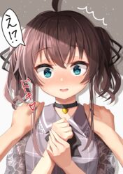  1boy ^^^ absurdres ahoge black_choker black_ribbon blue_eyes blush brown_hair choker collared_shirt commentary_request female grey_shirt hair_between_eyes hair_ribbon hands_on_another&#039;s_shoulders hands_up heart heartbeat highres hololive looking_at_viewer natsuiro_matsuri natsuiro_matsuri_(casual) nose_blush out_of_frame own_hands_together parted_lips ribbon shirt solo_focus starkamisan translated twintails virtual_youtuber 