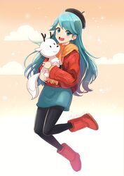  animal beret black_legwear blue_eyes blue_hair boots cloud female full_body hat hilda_(hilda) hilda_(series) holding holding_animal long_hair looking_at_viewer mikmix open_mouth pantyhose red_footwear red_sweater scarf skirt sky smile star_(sky) sweater twig_(hilda) 