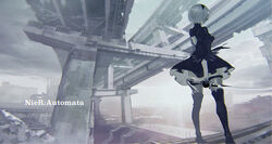  2b_(nier:automata) back_cutout bad_id bad_twitter_id black_blindfold black_dress black_hairband blindfold boots clothing_cutout commentary_request copyright_name covered_eyes dress feather-trimmed_sleeves feather_trim female gloves hairband high_heel_boots high_heels highres highway holding holding_sword holding_weapon juliet_sleeves katana long_sleeves maeshima_shigeki nier:automata nier_(series) outdoors puffy_sleeves ruins solo standing sword thigh_boots thighhighs thighhighs_under_boots thighs weapon white_hair 