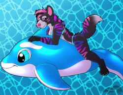  ambiguous_gender anthro bikini blue_bikini blue_clothing blue_swimwear cetacean clothing hi_res hyena inflatable kinktober mammal marine pinup pool_toy pose solo swimwear thatblackfox_(artist) 