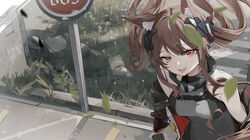  absurdres angelina_(arknights) angelina_(endfield)_(arknights) animal_ear_fluff animal_ears arknights arknights:_endfield arm_behind_back auguste bare_shoulders black_gloves blush breasts brown_hair bus_stop covered_navel crosswalk day dot_nose falling_leaves female floating_hair flower gloves grass hair_intakes headgear highres infection_monitor_(arknights) jacket leaf long_hair medium_breasts open_clothes open_jacket open_mouth outdoors parking_lot red_eyes red_jacket road_sign sidelocks sign standing stop_sign turtleneck twintails upper_body yellow_flower 