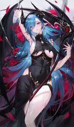  absurdres armpits azur_lane black_dress black_horns black_wings blue_eyes blue_hair breasts covered_navel demon_wings dress female flower halloween_costume highres hip_vent horns large_breasts long_bangs long_hair looking_at_viewer mary_celeste_(azur_lane) mary_celeste_(grim_night&#039;s_reaper)_(azur_lane) official_alternate_costume parted_lips pointy_ears qiandaiyiyu red_flower red_rose rose scythe solo torn_clothes torn_dress wet wings 