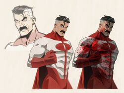  1boy black_hair blood blood_on_clothes blood_on_face bodysuit cape facial_hair gloves grey_background highres invincible_(series) male_focus mature_male moustache multicolored_hair muscular muscular_male omni-man pectorals red_bodysuit red_cape short_hair simple_background stephanie_(stephpeppery) superhero_costume two-tone_bodysuit two-tone_hair white_bodysuit 