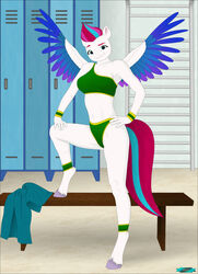  anthro bench blue_eyes bra breasts clothed clothing equid equine fab3716 female fingers fur hair hand_on_hip hand_on_leg hasbro hi_res hooves legband locker_room looking_at_viewer mammal medium_breasts mlp_g5 multicolored_hair multicolored_wings my_little_pony my_little_pony:_a_new_generation mythological_creature mythological_equine mythology pegasus pose single_strap single_strap_sports_bra single_strap_topwear smile solo sports_bra sports_panties spread_wings towel underwear white_body white_fur wings wristband zipp_storm_(mlp) 