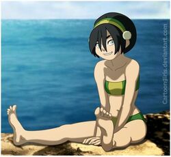  1girls avatar_legends avatar_the_last_airbender bikini black_hair cartoongirls earth_kingdom female green_bikini swimsuit toph_bei_fong 