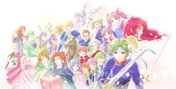  6+boys 6+girls alm_(fire_emblem) armor atlas_(fire_emblem) bandana beard black_gloves blonde_hair blue_eyes blue_hair boey_(fire_emblem) book brown_hair cape celica_(fire_emblem) character_request clair_(fire_emblem) clive_(fire_emblem) commentary_request deen_(fire_emblem_gaiden) delthea_(fire_emblem) eyepatch facial_hair fire_emblem fire_emblem_gaiden forsyth_(fire_emblem) genny_(fire_emblem) gloves gray_(fire_emblem) green_hair headband horse ichino_tomizuki jesse_(fire_emblem) kamui_(fire_emblem) kliff_(fire_emblem) lance leon_(fire_emblem_echoes) long_hair lukas_(fire_emblem) luthier_(fire_emblem) mae_(fire_emblem) mathilda_(fire_emblem) multiple_boys multiple_girls mycen_(fire_emblem) nomah_(fire_emblem) open_mouth pegasus pink_eyes pink_hair polearm ponytail profile purple_eyes purple_hair python_(fire_emblem) red_eyes red_hair saber_(fire_emblem) short_hair silque_(fire_emblem) smile sonya_(fire_emblem_gaiden) staff sword tatiana_(fire_emblem) tiara tobin_(fire_emblem) translated twintails valbar_(fire_emblem) weapon white_hair 