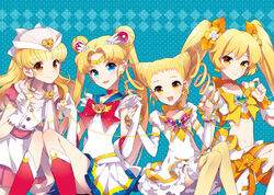  4girls back_bow bad_id bad_pixiv_id bishoujo_senshi_sailor_moon bishoujo_senshi_sailor_moon_supers blonde_hair blue_background blue_sailor_collar boots bow brooch butterfly_brooch choker color_connection cone_hair_bun crisis_moon_compact crossover cure_lemonade cure_sunshine elbow_gloves gloves hair_bun hair_color_connection heart heart_brooch heart_choker heartcatch_precure! in-franchise_crossover jewelry kasugano_urara_(yes!_precure_5) knee_boots look-alike magical_girl midriff moriya_ririka multicolored_clothes multicolored_skirt multiple_crossover multiple_girls myoudouin_itsuki nardack navel nurse_angel nurse_angel_ririka_sos orange_bow orange_choker orange_skirt photoshop_(medium) precure red_bow sailor_collar sailor_moon sailor_senshi_uniform skirt super_sailor_moon tsukino_usagi twintails white_skirt yellow_bow yellow_choker yes!_precure_5 