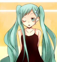  alternate_hairstyle aqua_eyes aqua_hair arms_behind_back bad_id bad_pixiv_id baniko_(37003700) bluebell blush collarbone dress female hair_ornament hairclip katekyo_hitman_reborn! one_eye_closed solo twintails 