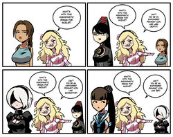  5girls alternate_color angry bayonetta bayonetta_(character) bayonetta_(series) black_blindfold black_dress black_hair black_hairband blindfold blonde_hair blue_tank_top breasts brown_hair comic crossover dress english_text eve_(stellar_blade) female feminist glasses hairband hat kukuruyo lara_croft lara_croft_(classic) large_breasts lillian_woods long_hair looking_at_another multiple_girls nier:_automata nier_(series) not_porn open_mouth planet_diving_suit_(6th)_(stellar_blade) pointing pointing_at_another ponytail satire short_hair speech_bubble stellar_blade striped_clothes striped_sweater sweater tan tank_top tomb_raider very_long_hair white_hair yorha_2b 