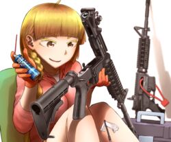  ar-15 assault_rifle blonde_hair blunt_bangs braid brown_eyes cleaning cleaning_gun cleaning_rod commentary_request didloaded female gloves gun long_hair m4_carbine original patch rifle shadow simple_background sitting solo thick_eyebrows weapon white_background 