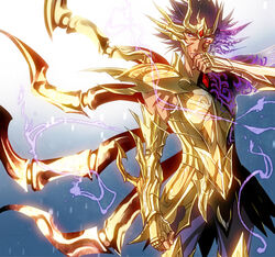  1boy armor blood cancer_death_mask commentary_request full_armor gold_armor gold_saint male_focus purple_eyes purple_hair saint_seiya saint_seiya:_soul_of_gold solo ume2888 