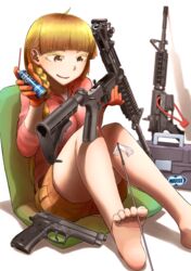  airsoft assault_rifle barefoot beretta_92 blonde_hair blunt_bangs braid brown_eyes cleaning cleaning_gun cleaning_rod commentary_request didloaded feet female gloves gun handgun long_hair m4_carbine original patch rifle shadow simple_background sitting solo thick_eyebrows weapon white_background 