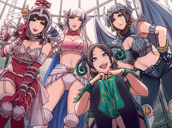  4girls animification armor black_hair black_panties commentary_request crossover denus engine_sentai_go-onger gloves helmet juuken_sentai_gekiranger kegalesia kyuukyuu_sentai_gogofive long_hair mele midriff multiple_girls panties pantyshot sassa_(cb) seijuu_sentai_gingaman shelinda squatting super_sentai sword underwear weapon white_hair wings yellow_eyes 