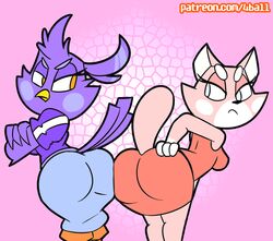  2017 abstract_background angry anthro ass ass_to_ass avian beak big_butt bird breasts clothed clothing domestic_cat duo english_text felid feline felis female fourball fur hi_res mammal melissa_morgan patreon_username pink_body pink_fur shima_luan simple_background super_planet_dolan text url 