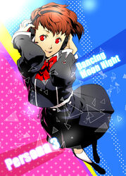  bad_id bad_pixiv_id brown_hair closed_mouth copyright_name female full_body gekkoukan_high_school_uniform headphones looking_at_viewer multicolored_background persona persona_3 persona_3:_dancing_moon_night persona_3_portable persona_dancing red_eyes school_uniform shiomi_kotone smile tombsakura 