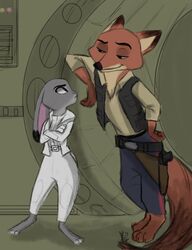  anthro canid canine clothed clothing colored crossover disney duo female fox fully_clothed fur grey_body grey_fur han_solo hi_res inside judy_hopps kungfufreak07 lagomorph larger_anthro larger_male leia_organa leporid male mammal nick_wilde predator/prey rabbit red_body red_fox red_fur size_difference smaller_anthro smaller_female smug star_wars true_fox zootopia 