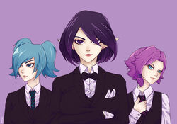  3girls absurdres blue_eyes blue_hair bow bowtie commentary commentary_typo english_commentary evie_(paladins) formal highres maeve_(paladins) multiple_girls necktie paladins pandewiratama pink_hair purple_background purple_eyes purple_hair short_hair skye_(paladins) slit_pupils suit tuxedo 