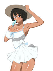  armpits black_hair blue_eyes breasts cleavage commentary_request cowboy_shot dark-skinned_female dark_skin dress female food hand_on_headwear hat highres kagemusha large_breasts looking_at_viewer original popsicle short_hair simple_background sleeveless sleeveless_dress solo tan tanlines white_background 