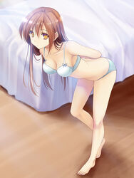  arms_behind_back bare_shoulders barefoot bed bed_sheet bent_over bra brown_eyes brown_hair collarbone commentary_request female long_hair looking_at_viewer original panties photoshop_(medium) shadow solo standing takepon underwear underwear_only undressing 