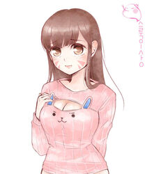  adapted_costume animal_band arm_behind_back bad_id bad_pixiv_id blush breasts brown_eyes brown_hair casual commentary_request d.va_(overwatch) facial_mark female hand_on_own_chest korean_text long_hair long_sleeves medium_breasts meme_attire open-chest_sweater overwatch overwatch_1 pink_sweater print_sweater ribbed_sweater simple_background solo surugi-san sweater swept_bangs translation_request upper_body wavy_mouth whisker_markings white_background 