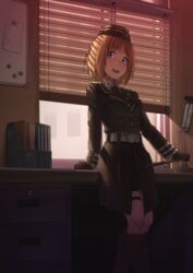  belt boots chinese_commentary commentary_request desk female girls&#039;_frontline gloves hat highres lamp light_rays looking_at_viewer magnet military military_hat military_uniform mp40_(girls&#039;_frontline) necktie office open_mouth short_hair smile standing sunbeam sunlight triangle_bullet uniform whiteboard window 