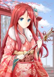  absurdres blue_eyes bow commentary female floral_print fur_trim highres japanese_clothes kimono long_hair minamoto_sakura obi one_side_up polka_dot polka_dot_bow red_hair ribbon saber-freedom sash signature smile solo underbust zombie_land_saga 