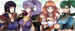  4girls alm_(fire_emblem) armor bad_id bad_tumblr_id black_hair blue_eyes breasts cape celica_(fire_emblem) crossed_arms eliwood_(fire_emblem) fire_emblem fire_emblem:_genealogy_of_the_holy_war fire_emblem:_the_blazing_blade fire_emblem:_thracia_776 fire_emblem_echoes:_shadows_of_valentia fire_emblem_gaiden fire_emblem_heroes gloves green_eyes hector_(fire_emblem) ishtar_(fire_emblem) julius_(fire_emblem) large_breasts long_hair looking_at_viewer lyn_(fire_emblem) multiple_girls olwen_(fire_emblem) pauldrons pink_hair ponytail purple_hair red_hair reinhardt_(fire_emblem) rem_(eyes_410) shoulder_armor smile yellow_eyes 