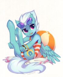  2018 ass ball beach_ball blue_body blue_feathers blue_hair bracelet clothed clothing cutie_mark equid equine eyebrows eyelashes eyewear feathered_wings feathers female feral fleetfoot_(mlp) friendship_is_magic hair hasbro hi_res hooves inflatable jewelry legs_up lispp mammal multicolored_hair my_little_pony mythological_creature mythological_equine mythology one-piece_swimsuit open_mouth open_smile pattern_clothing pattern_swimwear pegasus portrait purple_eyes short_hair signature simple_background sitting smile solo striped_clothing striped_swimwear stripes sunglasses swimwear teeth tongue towel traditional_media_(artwork) two_tone_hair underhoof white_background wings wonderbolts_(mlp) 