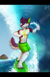  anthro biped black_bars canid canine canis clothed clothing diaminerre fur green_eyes hi_res letterbox male mammal sea solo standing summer surfer surfing topless volcano water wave wolf 