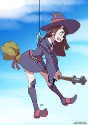  :d belt black_ribbon blue_background blue_sky boots broom broom_riding brown_eyes brown_hair cloud cloudy_sky collared_shirt commentary dress english_commentary female fingernails from_side glint hat high_heel_boots high_heels highres hook kagari_atsuko knee_boots kukuruyo little_witch_academia long_hair neck_ribbon open_mouth patreon_username profile purple_dress purple_hat ribbon shirt signature sky smile solo wand watermark white_shirt witch witch_hat 