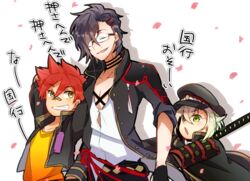  aizen_kunitoshi akashi_kuniyuki armor bandaid bandaid_on_face bandaid_on_nose black_hair closed_eyes commentary_request glasses gloves green_eyes grin hair_ornament hair_over_one_eye hairclip half_gloves haruyasai_(sanbunno) hat hotarumaru jacket japanese_armor male_focus multiple_boys ootachi open_clothes open_jacket open_mouth petals red_hair shirt shorts smile sword touken_ranbu untucked_shirt weapon white_hair yellow_eyes 