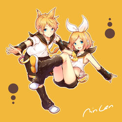  1boy :d belt black_legwear black_shorts blonde_hair blue_eyes brother_and_sister commentary_request detached_sleeves female full_body gogatsu_no_renkyuu hair_ribbon hairband headphones kagamine_len kagamine_rin looking_at_viewer midriff neckerchief necktie open_mouth ribbon shirt short_hair short_shorts short_sleeves shorts siblings signature simple_background sleeveless sleeveless_shirt smile vocaloid white_hairband white_ribbon white_shirt yellow_background yellow_neckerchief yellow_necktie 