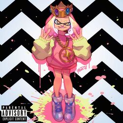  album_cover bad_id bad_twitter_id chains commentary cover crown english_commentary fake_cover female flat_chest full_body gang_sign gold_chain hood hoodie inkling mole mole_under_mouth official_alternate_costume paint_splatter parental_advisory parody pearl_(splatoon) pink_hair pose raised_eyebrow robaato shoes short_hair sneakers solo splatoon_(series) splatoon_2 splatoon_2:_octo_expansion star-shaped_pupils star_(symbol) symbol-shaped_pupils tentacle_hair 