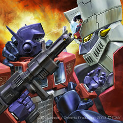  1970s_(style) 1980s_(style) 1boy aiming autobot battle black_hair blue_eyes cannon canopy_(aircraft) cockpit commentary crossover dated duel energy_gun english_commentary fire funded headgear holding holding_weapon igunuk insignia kabuto_kouji machine machinery mazinger_(series) mazinger_z mazinger_z_(mecha) mazinger_z_vs._transformers mecha official_art optimus_prime photoshop_(medium) pilder pilot_suit radio_antenna redesign retro_artstyle robot science_fiction sideburns size_difference spiked_hair super_robot transformers weapon 