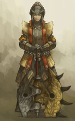  armor axe bad_id bad_pixiv_id battle_axe belt black_hair boots breastplate chains closed_eyes closed_mouth commentary_request fake_horns female forehead_protector full_armor full_body fur_trim gauntlets gradient_background hammer hand_on_hand hands_on_hilt headband high_collar highres hilld horns huge_weapon jinbaori lips monster_hunter_(character) monster_hunter_(series) open_clothes open_vest own_hands_together pensive photoshop_(medium) planted planted_axe ponytail rajang_(armor) serious sidelocks solo spikes standing vest weapon 