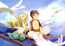  1boy aladdin_(character) aladdin_(character)_(cosplay) aladdin_(disney) aldnoah.zero asseylum_vers_allusia bad_id bad_pixiv_id bird blonde_hair brown_hair carpet cosplay earrings female flying hat ichinose777 jasmine_(disney) jasmine_(disney)_(cosplay) jewelry kaizuka_inaho magic_carpet multi-tied_hair navel off-shoulder_shirt off_shoulder parody photoshop_(medium) shirt sitting smile 