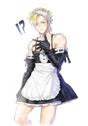  1boy alternate_costume apron bare_shoulders black_gloves blonde_hair caesar_anthonio_zeppeli commentary_request elbow_gloves enmaided gloves jojo_no_kimyou_na_bouken maid maid_headdress male_focus molly solo 